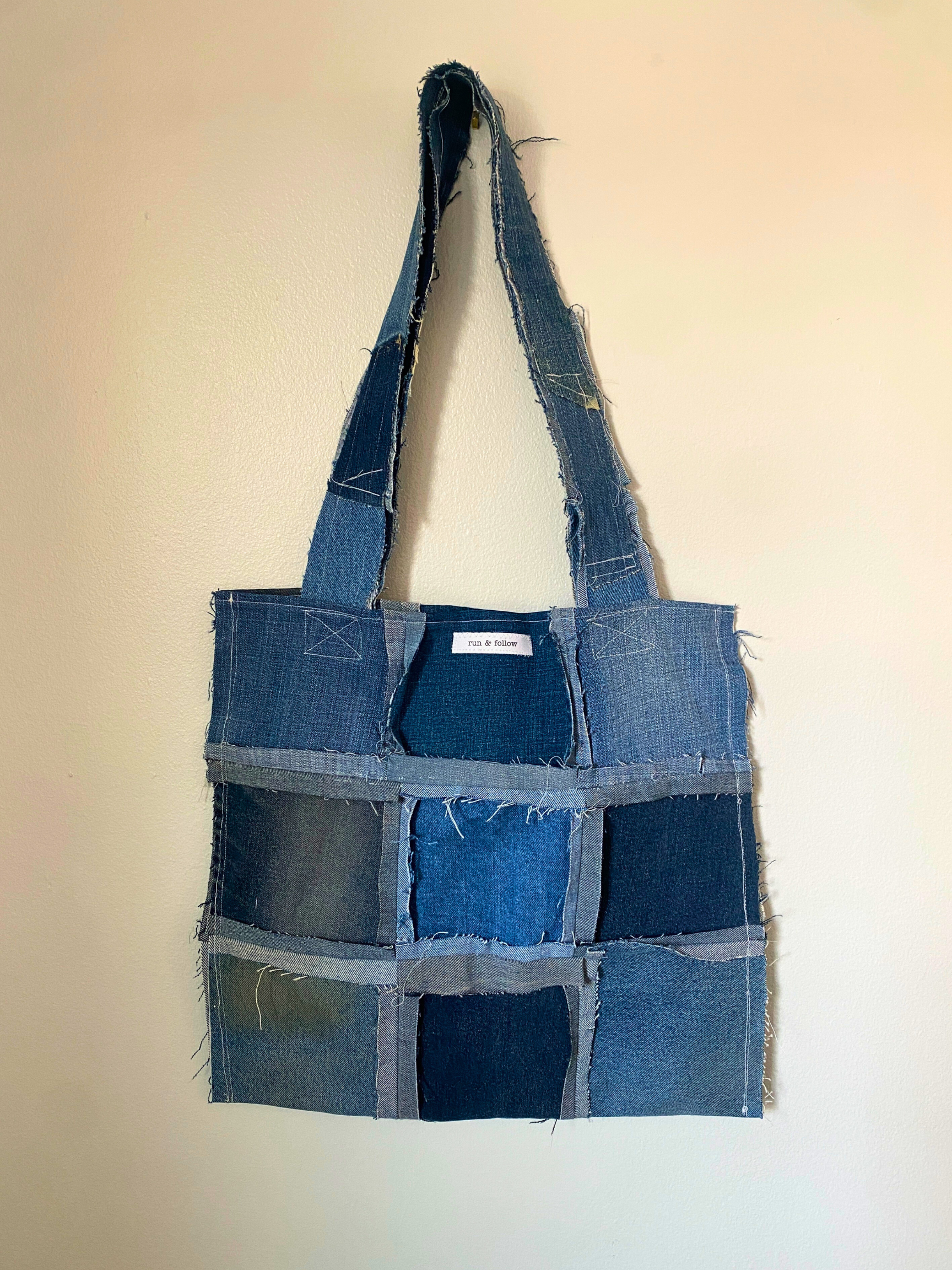 Distressed Denim Tote 21- Recycled Denim Patchwork Jumbo Tote Bag