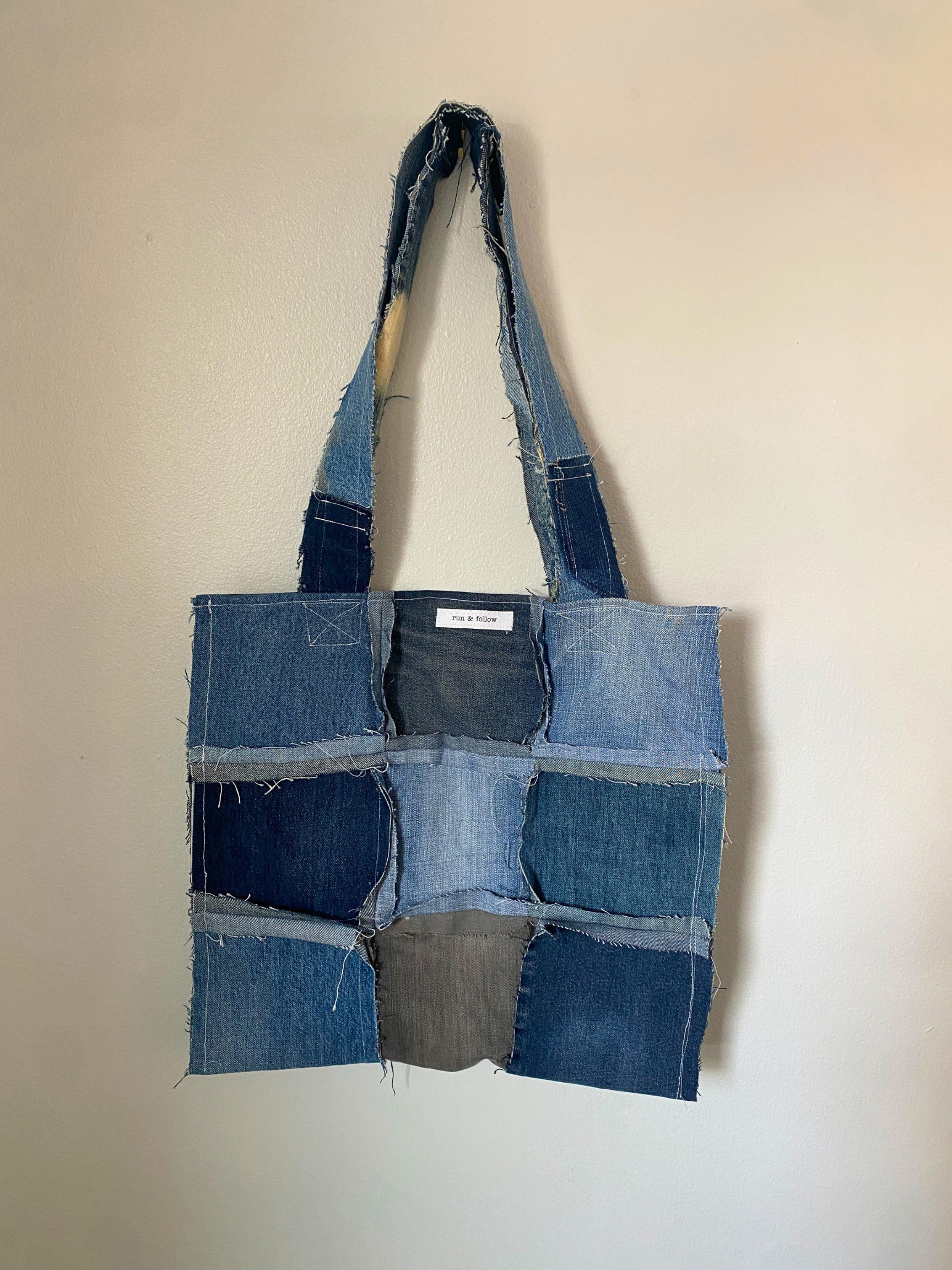 Distressed Denim Tote 22- Recycled Denim Patchwork Jumbo Tote Bag