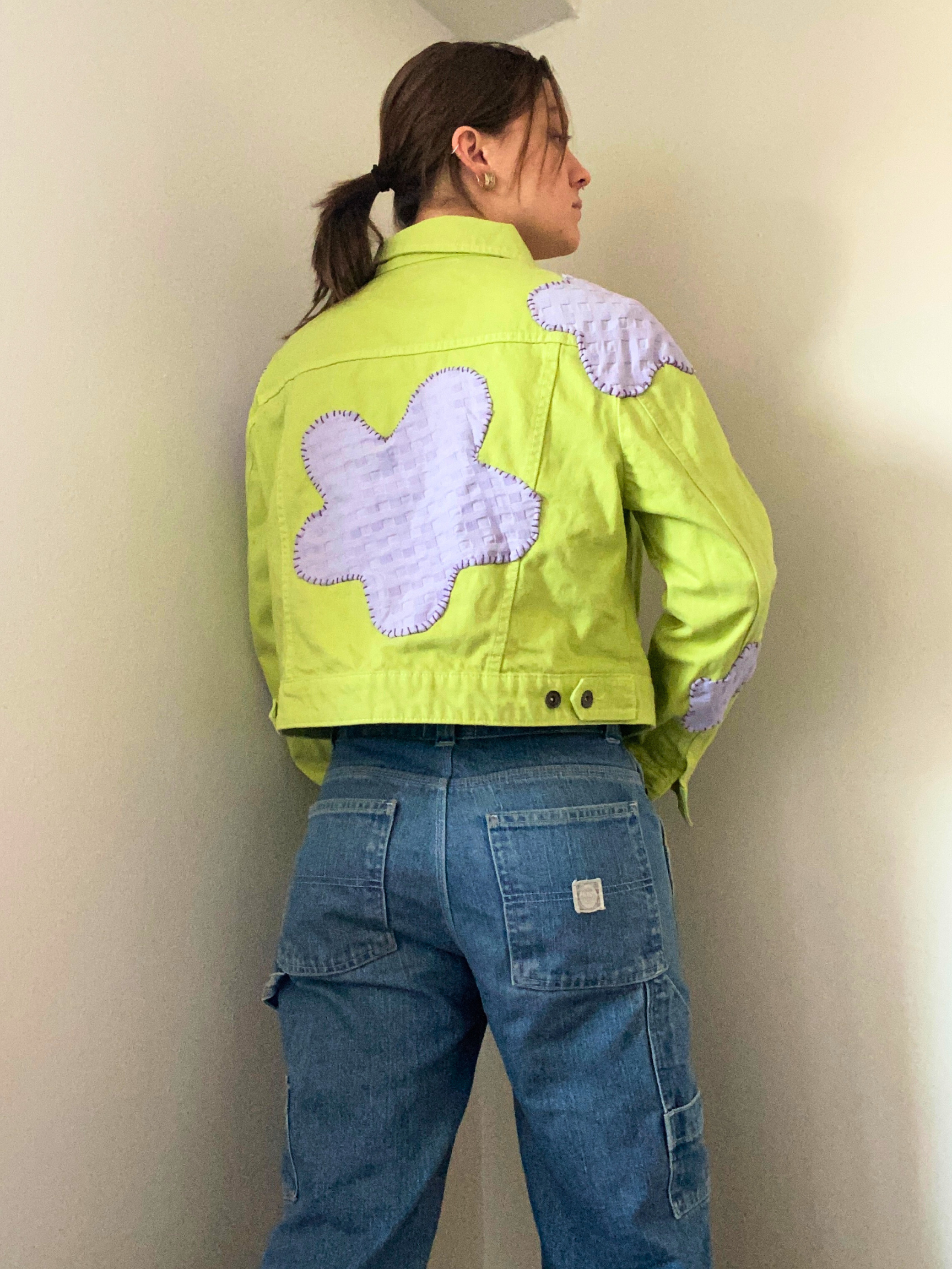 Flower Fields Green Denim Jacket- Upcycled Jacket with Purple Flower Patches