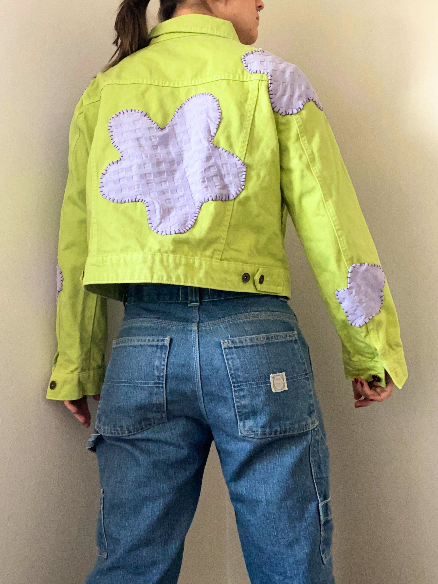 Flower Fields Green Denim Jacket- Upcycled Jacket with Purple Flower Patches