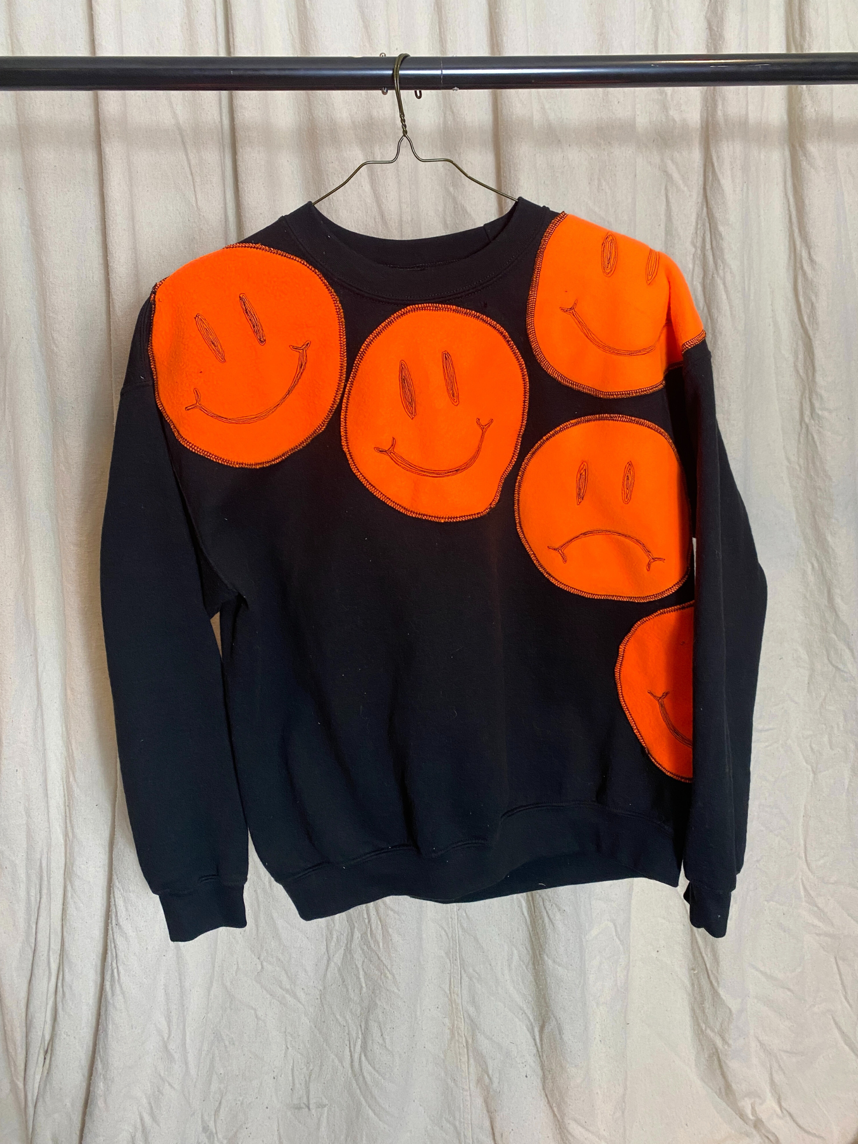 Moody Genderless Sweatshirt- Black Crewneck with Orange Fleece Patches of Smiley Faces